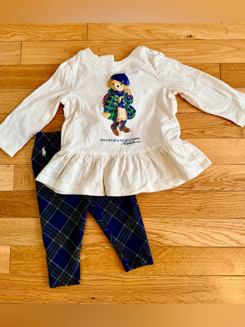 Ralph Lauren Set White Longsleeve Peplum Top with Navy Tartan Leggings